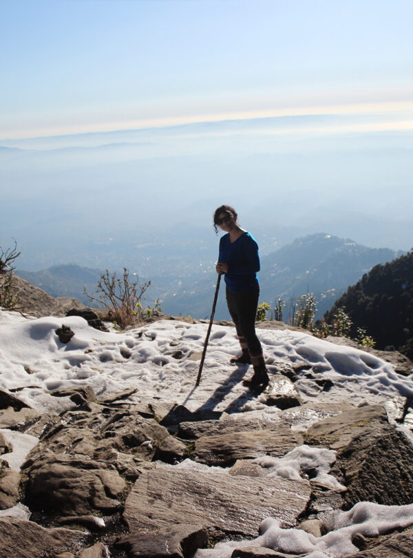 Image depicting a serene mountain trail surrounded by lush greenery, showcasing the tranquil trekking experiences offered by Travel Hikes in Dharamshala like Triund, Manali, and Kashmir